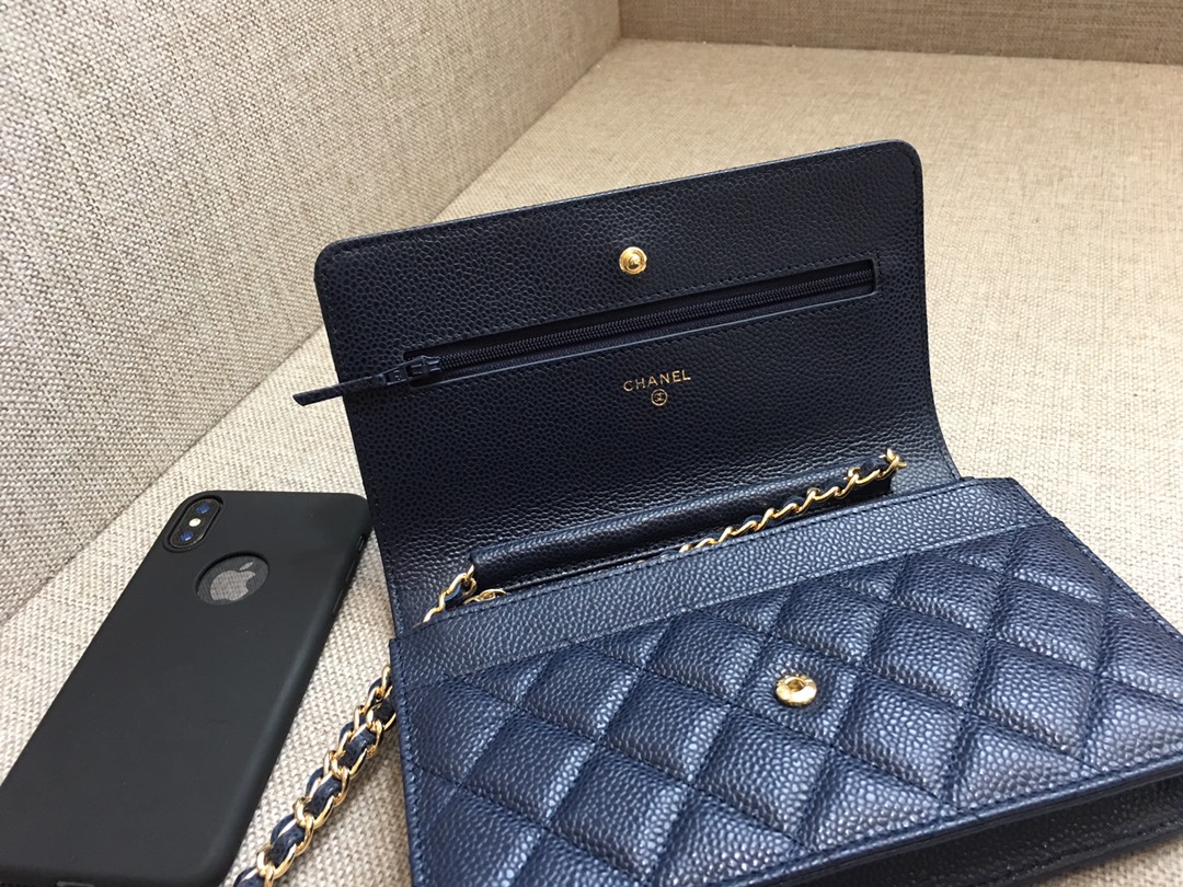 Caviar Leather Wallet On Chain Shoulder Bag A33814 Dark Blue/Gold